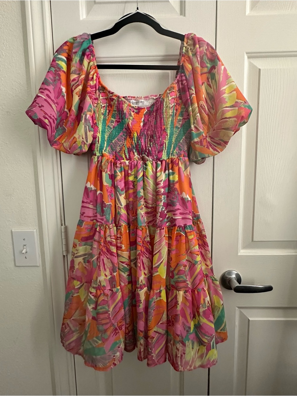 The Impeccable Pig Pink Orange Tropical-Print Puff Sleeve Midi Dress